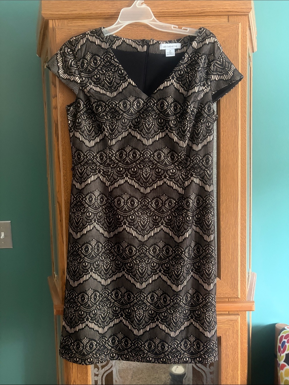 Liz Claiborne Black Lace-Overlay Midi Dress with Neutral Underlay